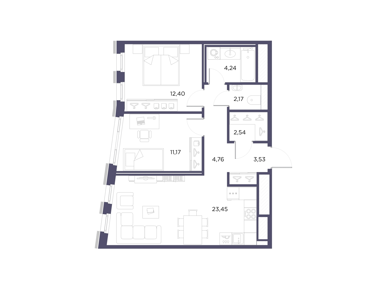 2-комнатная квартира в ЖК Беринг на 21 этаже в 2 секции. Сдача в 4 кв. 2025 г.