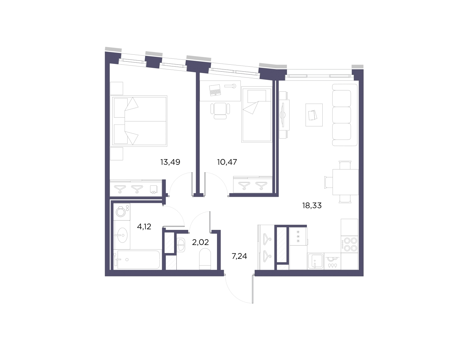 2-комнатная квартира в ЖК Беринг на 15 этаже в 2 секции. Сдача в 4 кв. 2025 г.