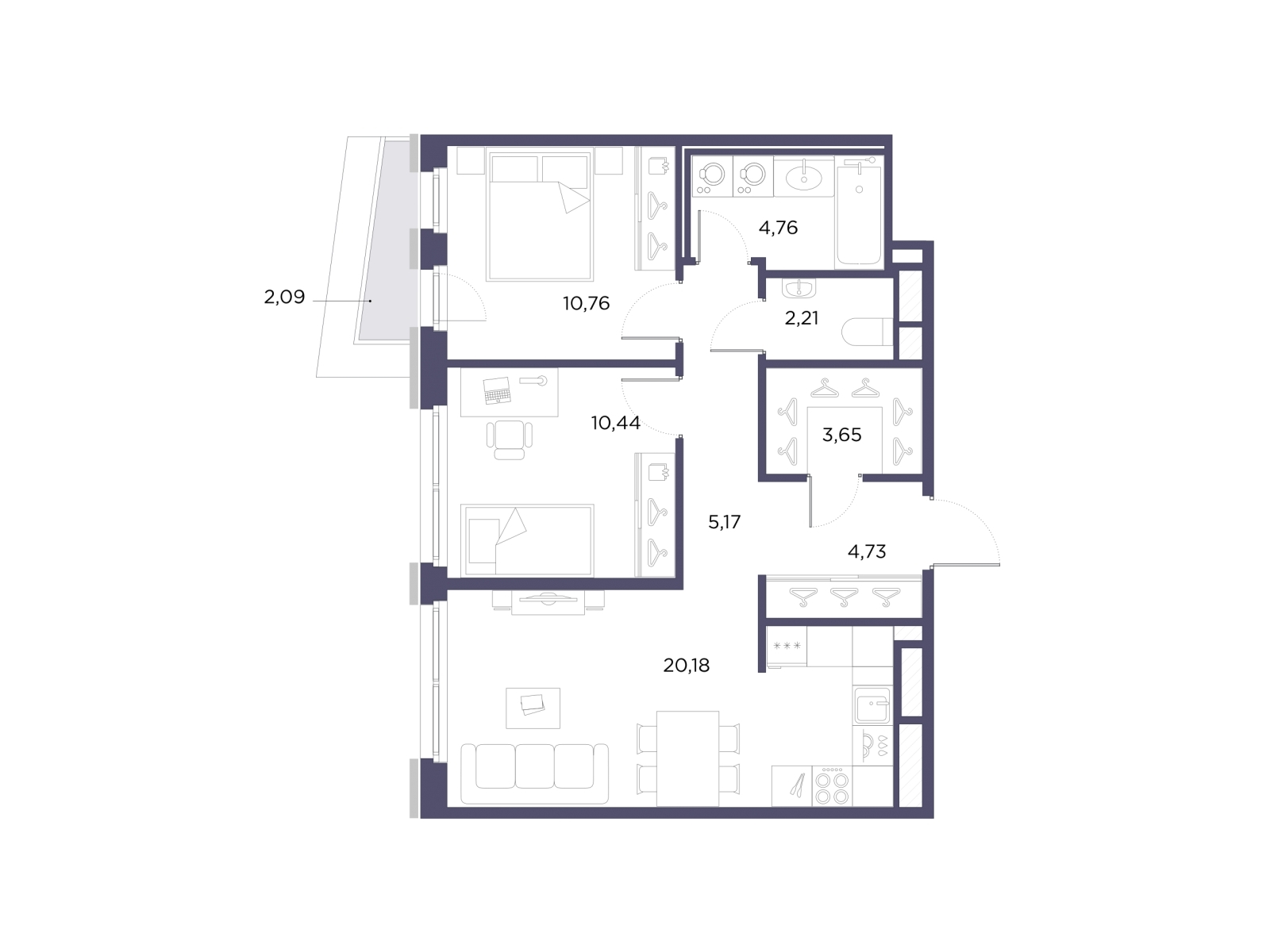 2-комнатная квартира в ЖК Беринг на 5 этаже в 3 секции. Сдача в 4 кв. 2025 г.