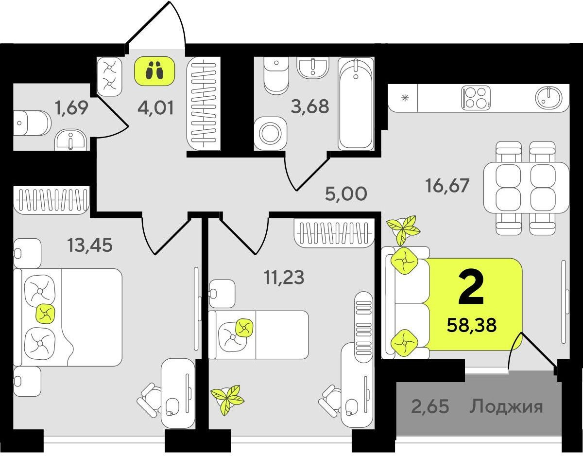 2-комнатная квартира в ЖК Беринг на 17 этаже в 5 секции. Сдача в 4 кв. 2025 г.