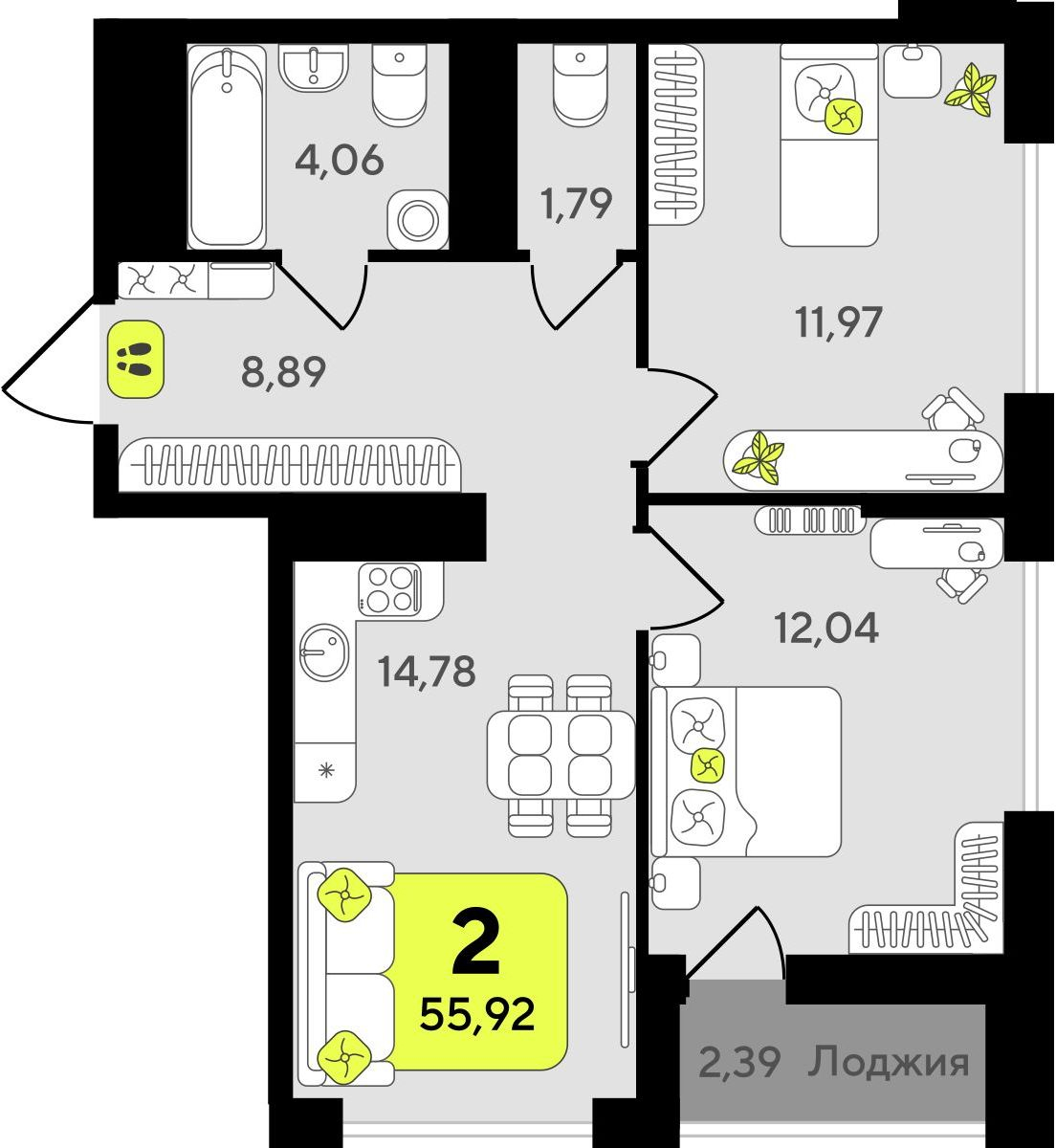 2-комнатная квартира в ЖК Беринг на 4 этаже в 1 секции. Сдача в 4 кв. 2025 г.