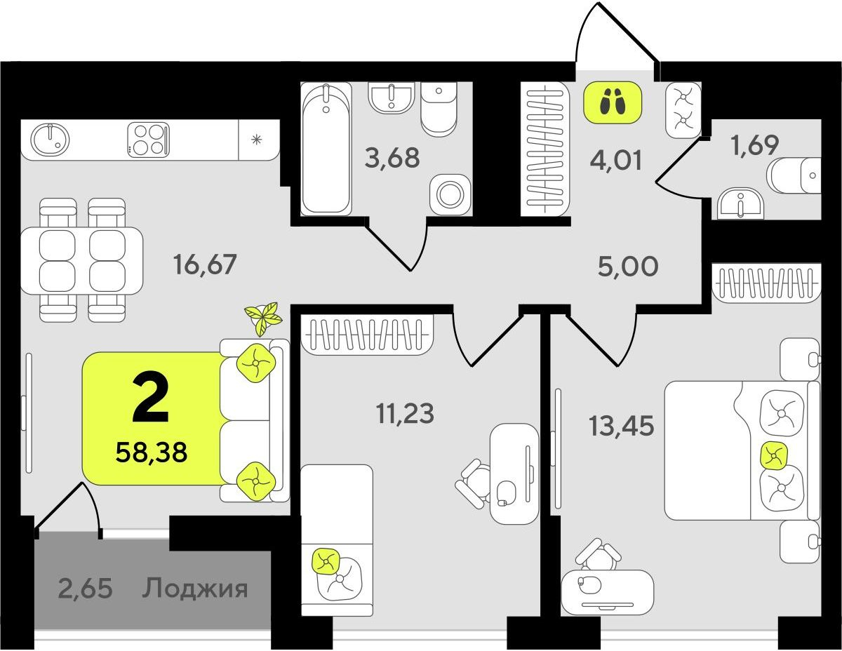 2-комнатная квартира в ЖК Беринг на 9 этаже в 3 секции. Сдача в 4 кв. 2025 г.