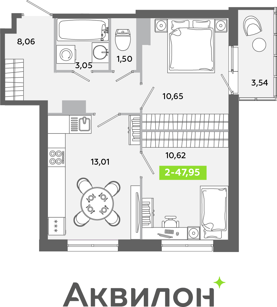 2-комнатная квартира в ЖК Беринг на 7 этаже в 4 секции. Сдача в 4 кв. 2025 г.