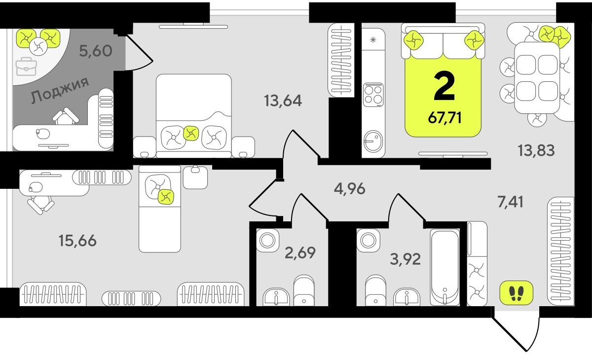 2-комнатная квартира в ЖК Беринг на 5 этаже в 4 секции. Сдача в 4 кв. 2025 г.