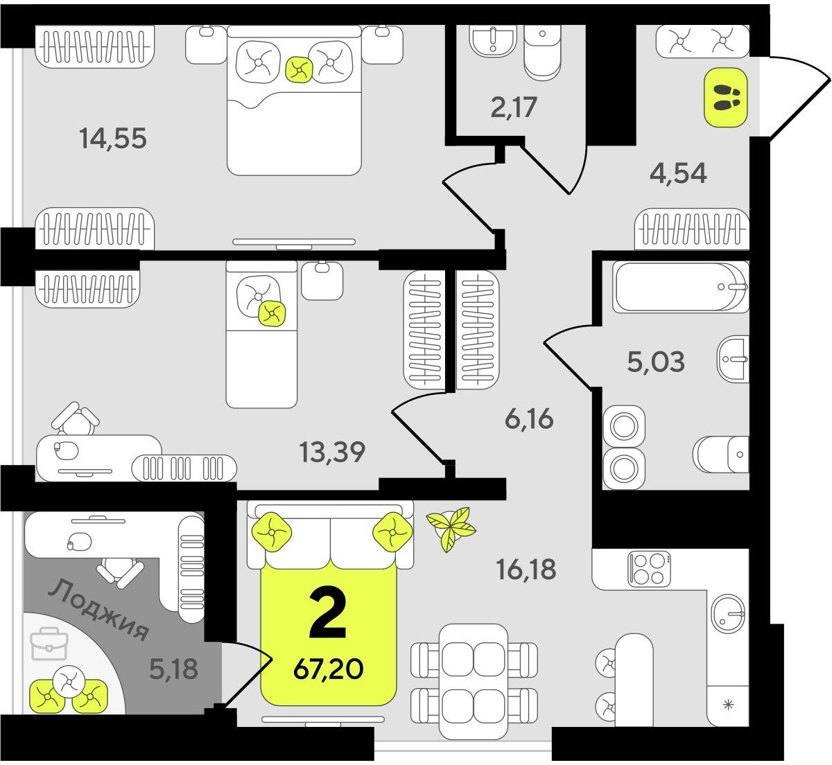 2-комнатная квартира в ЖК Беринг на 4 этаже в 4 секции. Сдача в 4 кв. 2025 г.