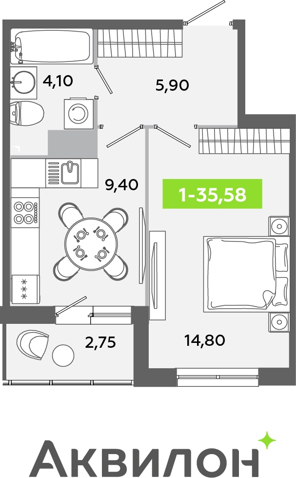 2-комнатная квартира в ЖК Беринг на 16 этаже в 2 секции. Сдача в 4 кв. 2025 г.