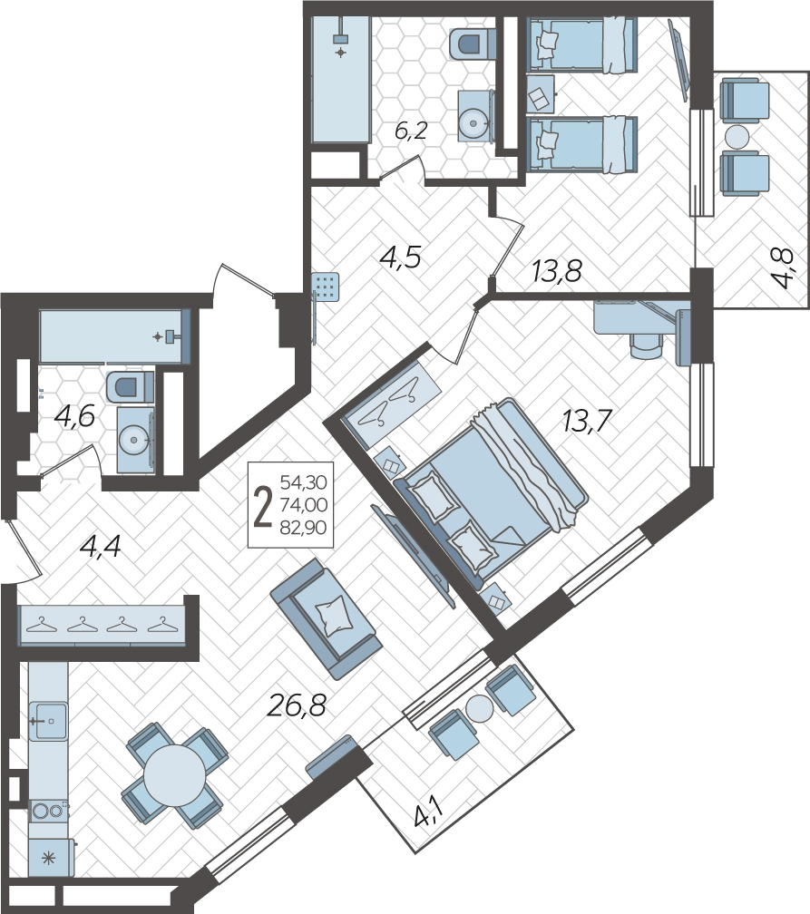 2-комнатная квартира в ЖК Беринг на 10 этаже в 4 секции. Сдача в 4 кв. 2025 г.
