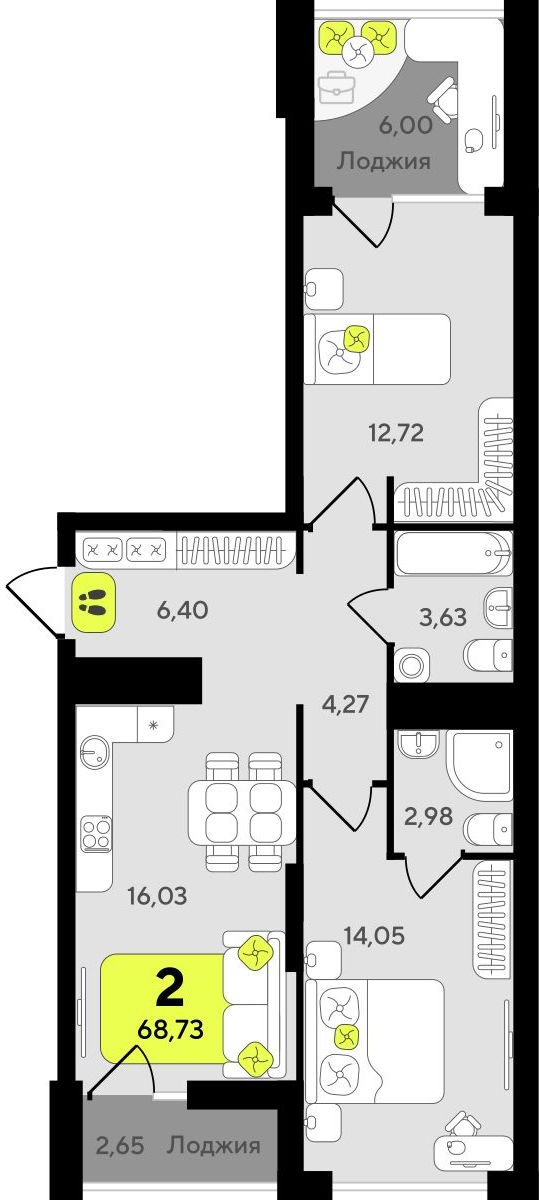 2-комнатная квартира в ЖК Беринг на 6 этаже в 4 секции. Сдача в 4 кв. 2025 г.