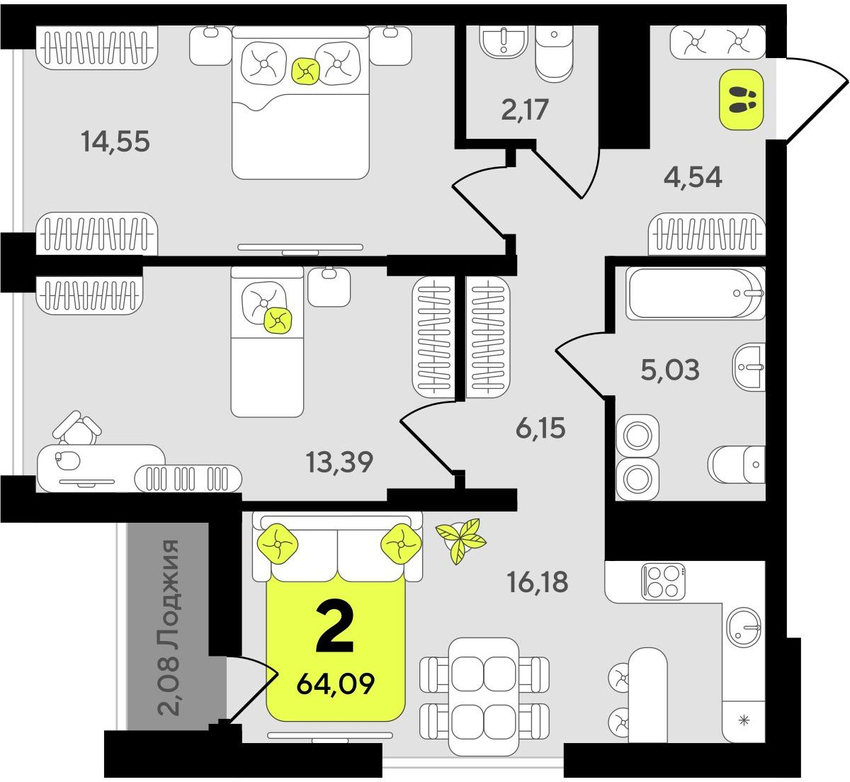 2-комнатная квартира в ЖК Беринг на 2 этаже в 3 секции. Сдача в 4 кв. 2025 г.