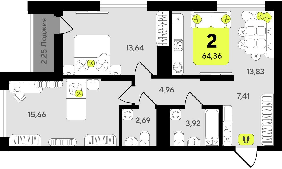 2-комнатная квартира в ЖК Беринг на 9 этаже в 2 секции. Сдача в 4 кв. 2025 г.