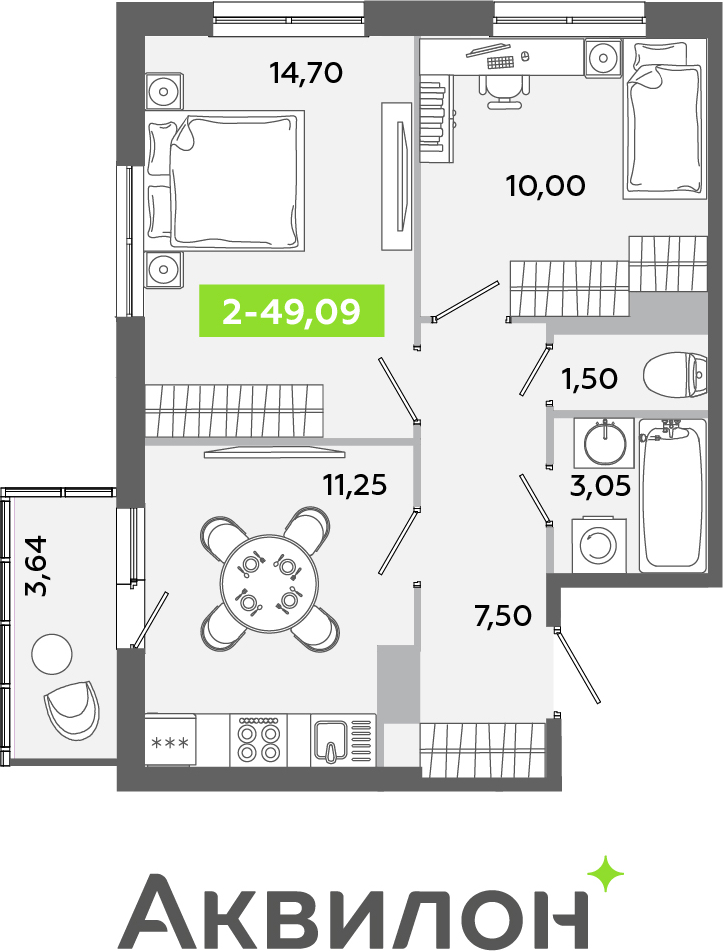 2-комнатная квартира в ЖК Беринг на 14 этаже в 2 секции. Сдача в 4 кв. 2025 г.