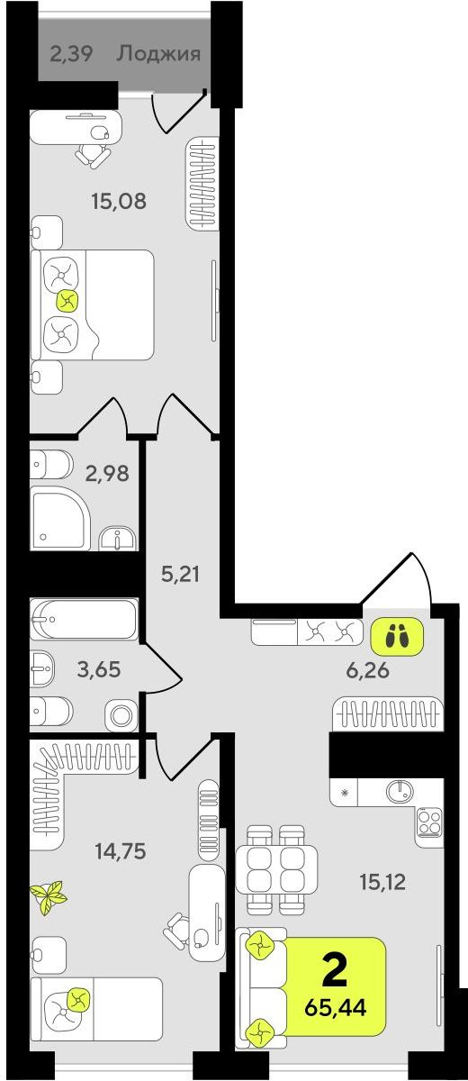 2-комнатная квартира в ЖК Беринг на 5 этаже в 2 секции. Сдача в 4 кв. 2025 г.