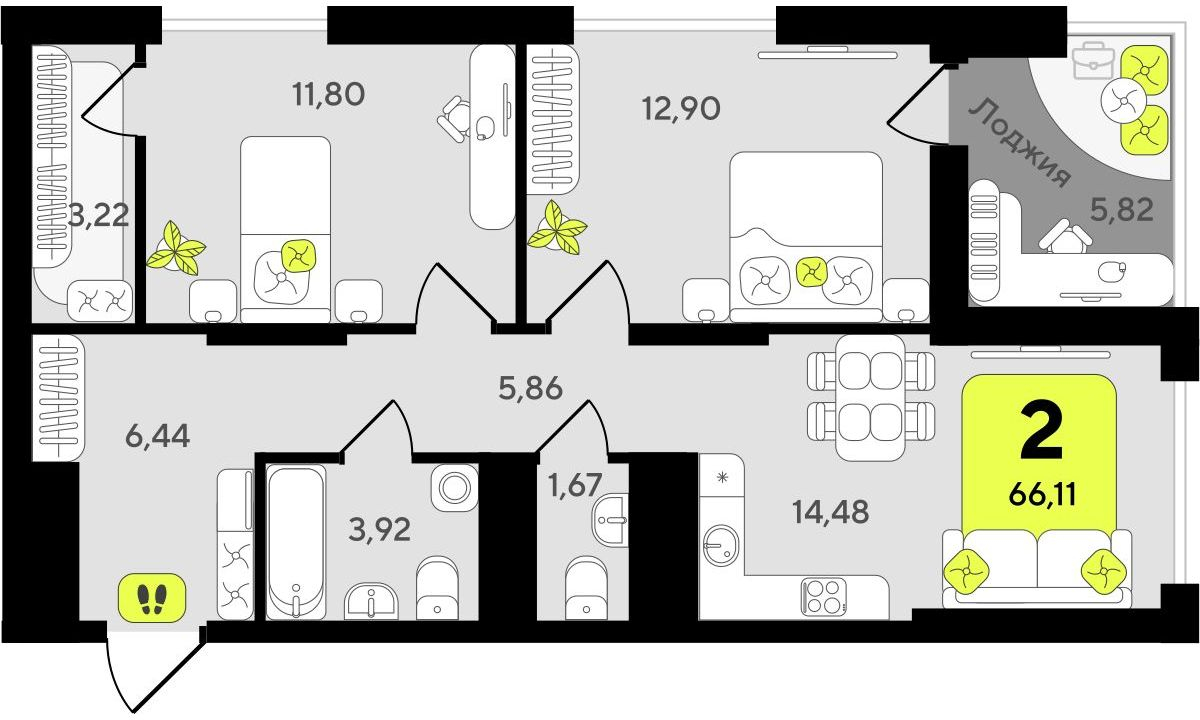 2-комнатная квартира в ЖК Беринг на 10 этаже в 2 секции. Сдача в 4 кв. 2025 г.