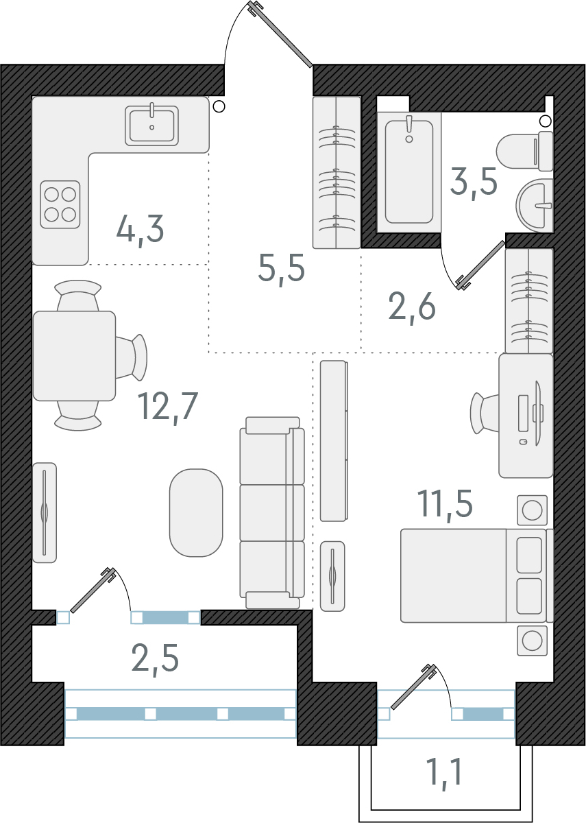 2-комнатная квартира в ЖК Беринг на 8 этаже в 2 секции. Сдача в 4 кв. 2025 г.