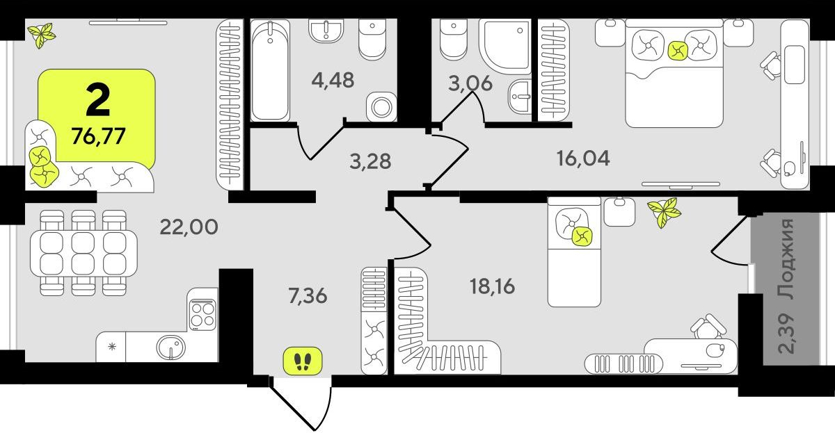 2-комнатная квартира в ЖК Беринг на 10 этаже в 3 секции. Сдача в 4 кв. 2025 г.