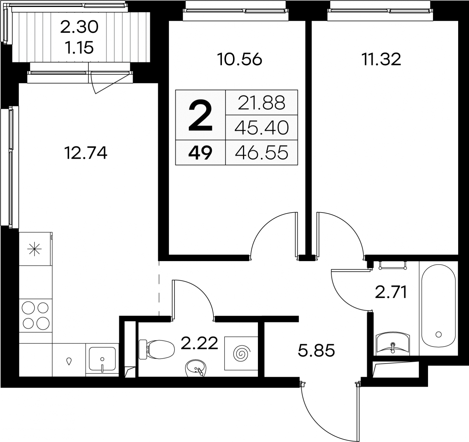 2-комнатная квартира в ЖК Беринг на 10 этаже в 5 секции. Сдача в 4 кв. 2025 г.