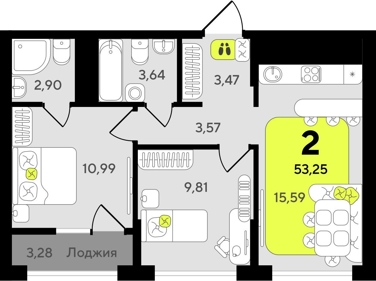 2-комнатная квартира с отделкой в ЖК Окинава на 13 этаже в 7 секции. Сдача в 3 кв. 2027 г.