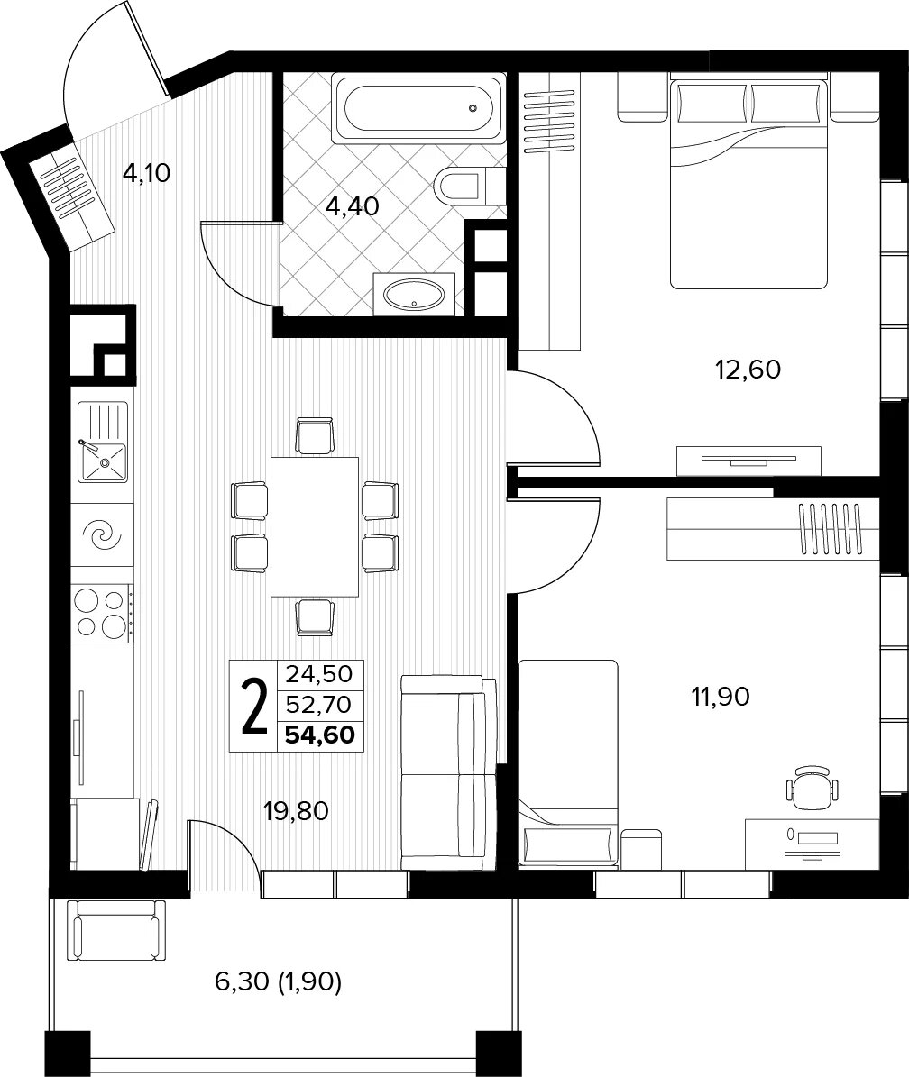 2-комнатная квартира в ЖК Беринг на 7 этаже в 5 секции. Сдача в 4 кв. 2025 г.