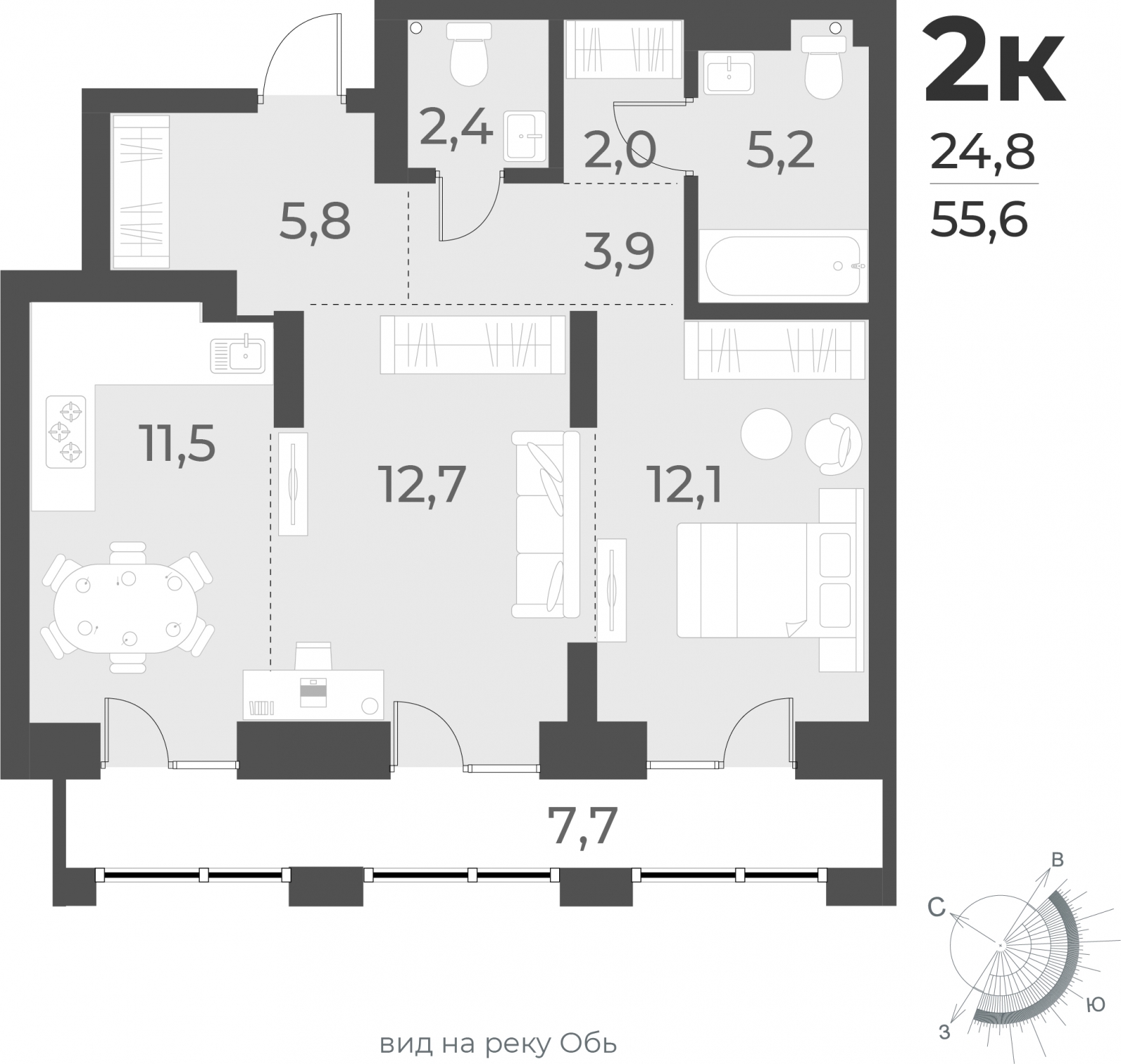 2-комнатная квартира в ЖК Беринг на 9 этаже в 5 секции. Сдача в 4 кв. 2025 г.