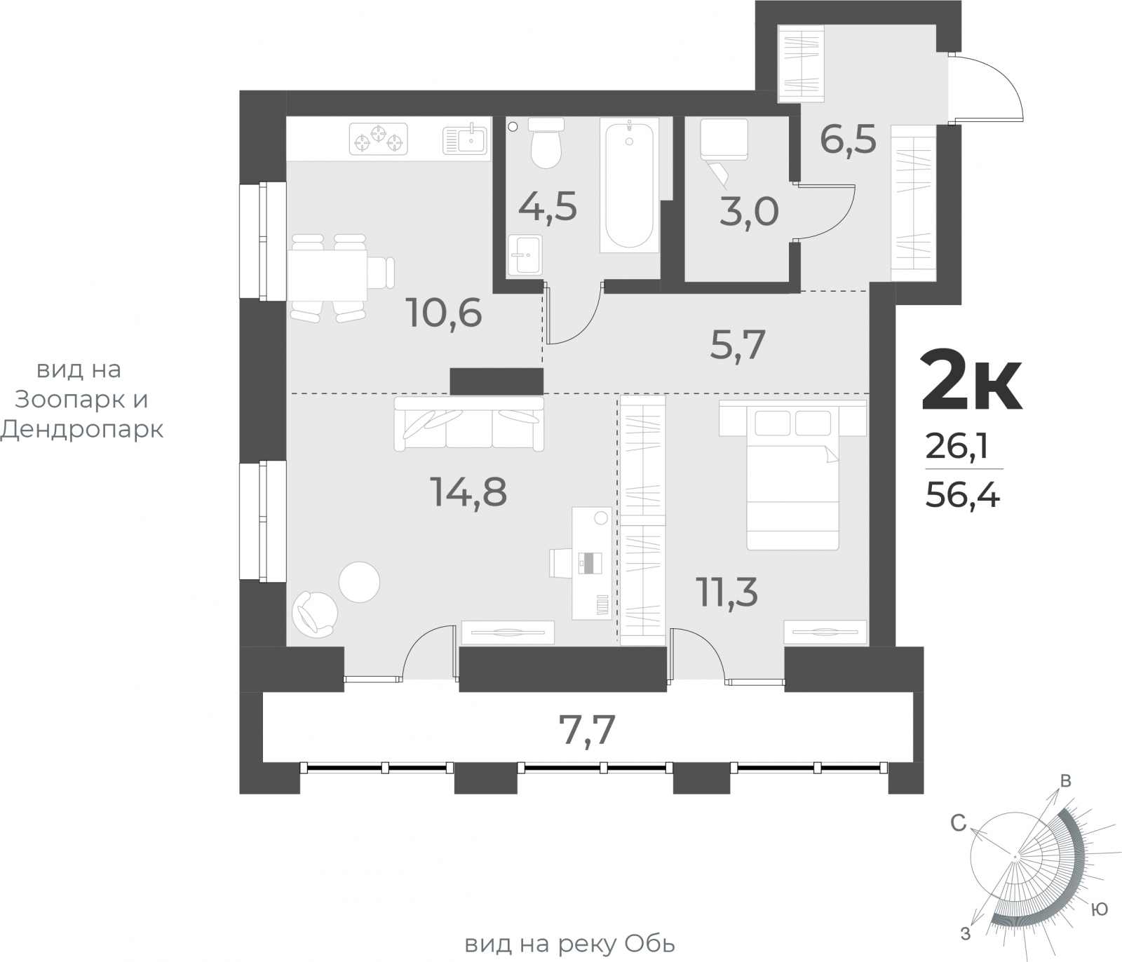 3-комнатная квартира в ЖК Беринг на 5 этаже в 1 секции. Сдача в 4 кв. 2025 г.