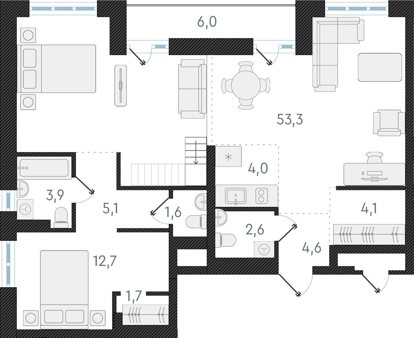 3-комнатная квартира в ЖК Беринг на 2 этаже в 5 секции. Сдача в 4 кв. 2025 г.