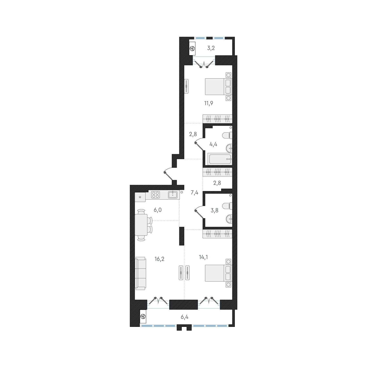 2-комнатная квартира в ЖК Беринг на 2 этаже в 5 секции. Сдача в 4 кв. 2025 г.