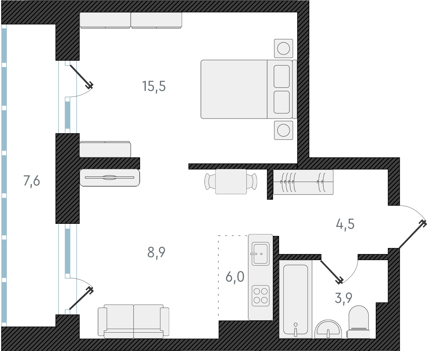 2-комнатная квартира в ЖК Беринг на 12 этаже в 5 секции. Сдача в 4 кв. 2025 г.