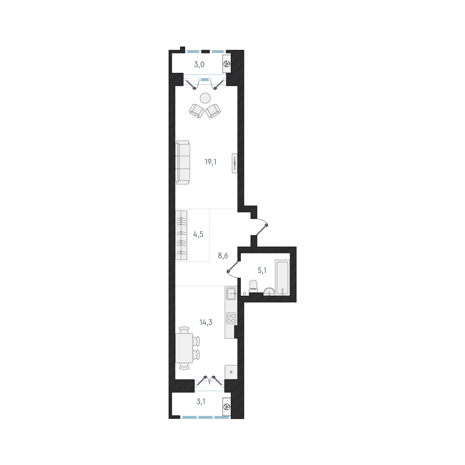 3-комнатная квартира в ЖК Беринг на 6 этаже в 5 секции. Сдача в 4 кв. 2025 г.