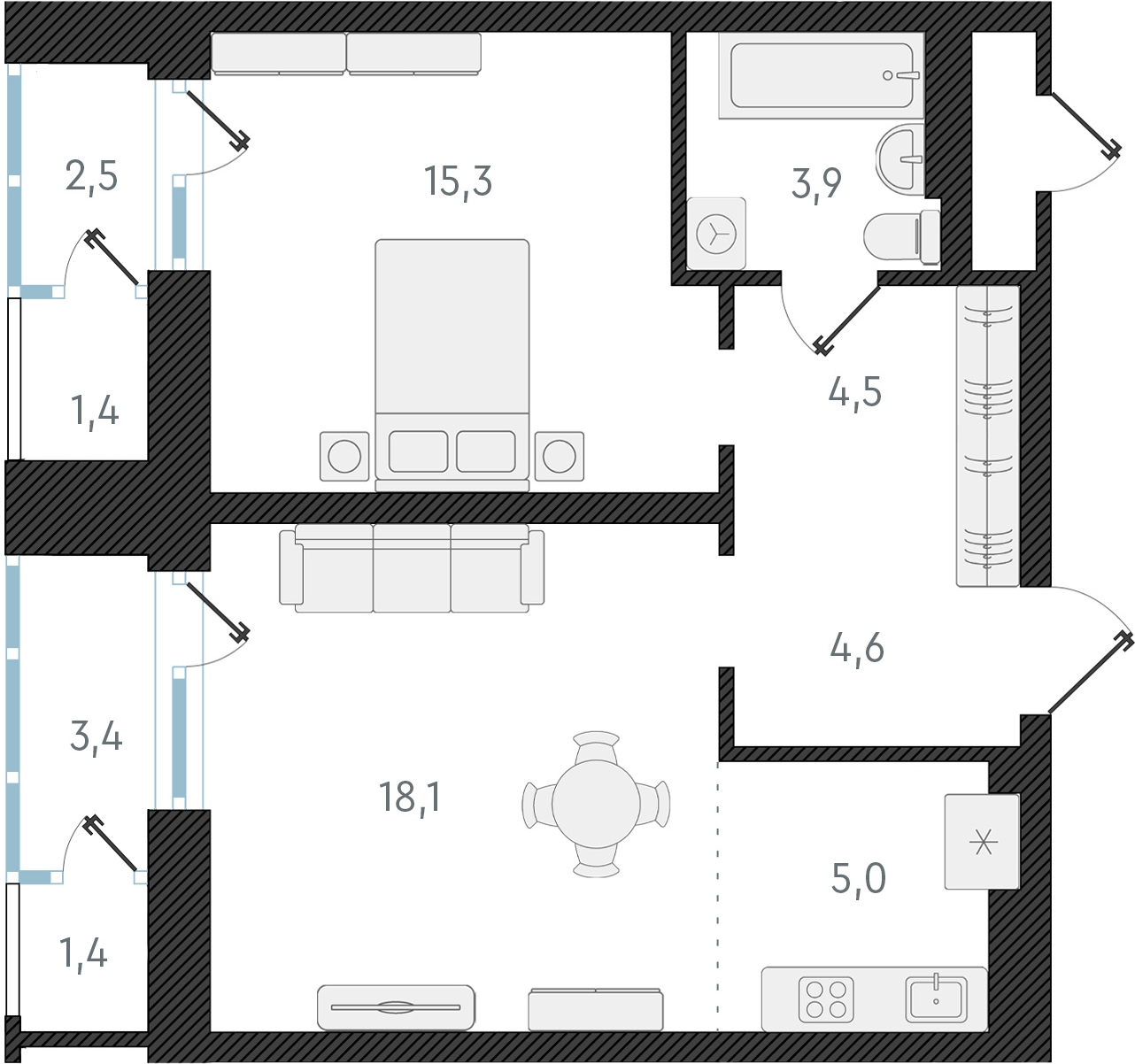 3-комнатная квартира в ЖК Беринг на 5 этаже в 5 секции. Сдача в 4 кв. 2025 г.