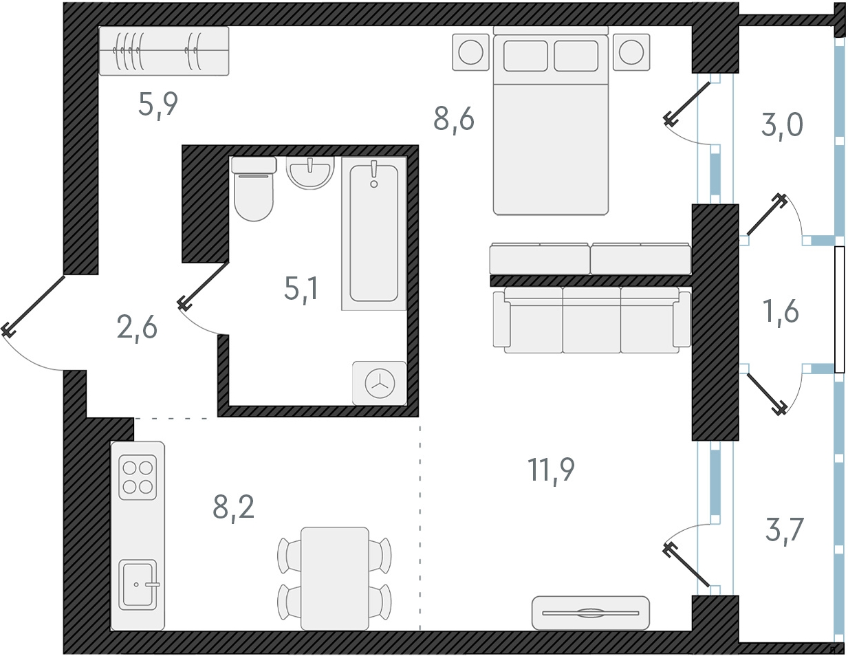3-комнатная квартира в ЖК Беринг на 3 этаже в 3 секции. Сдача в 4 кв. 2025 г.