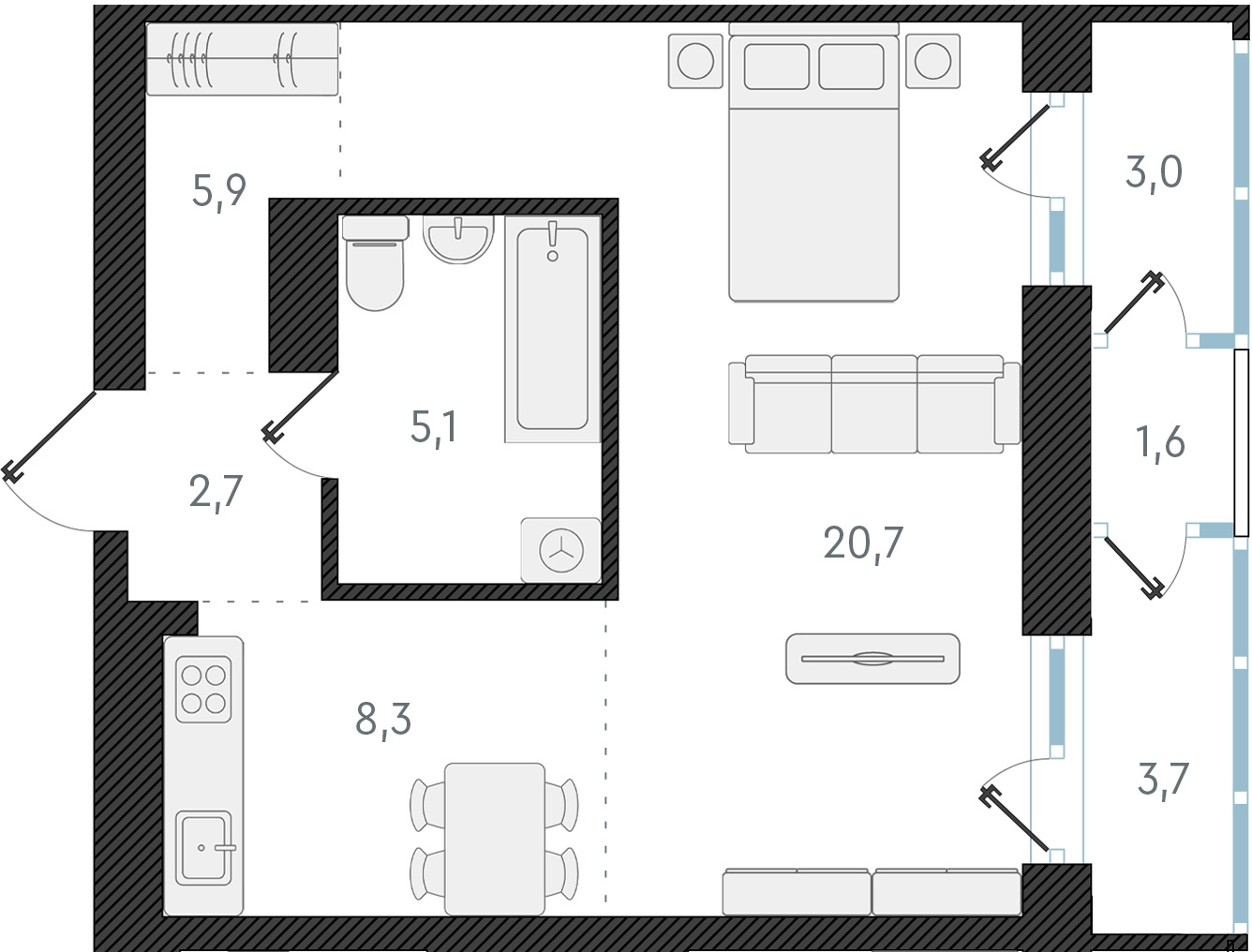 2-комнатная квартира в ЖК Беринг на 8 этаже в 5 секции. Сдача в 4 кв. 2025 г.
