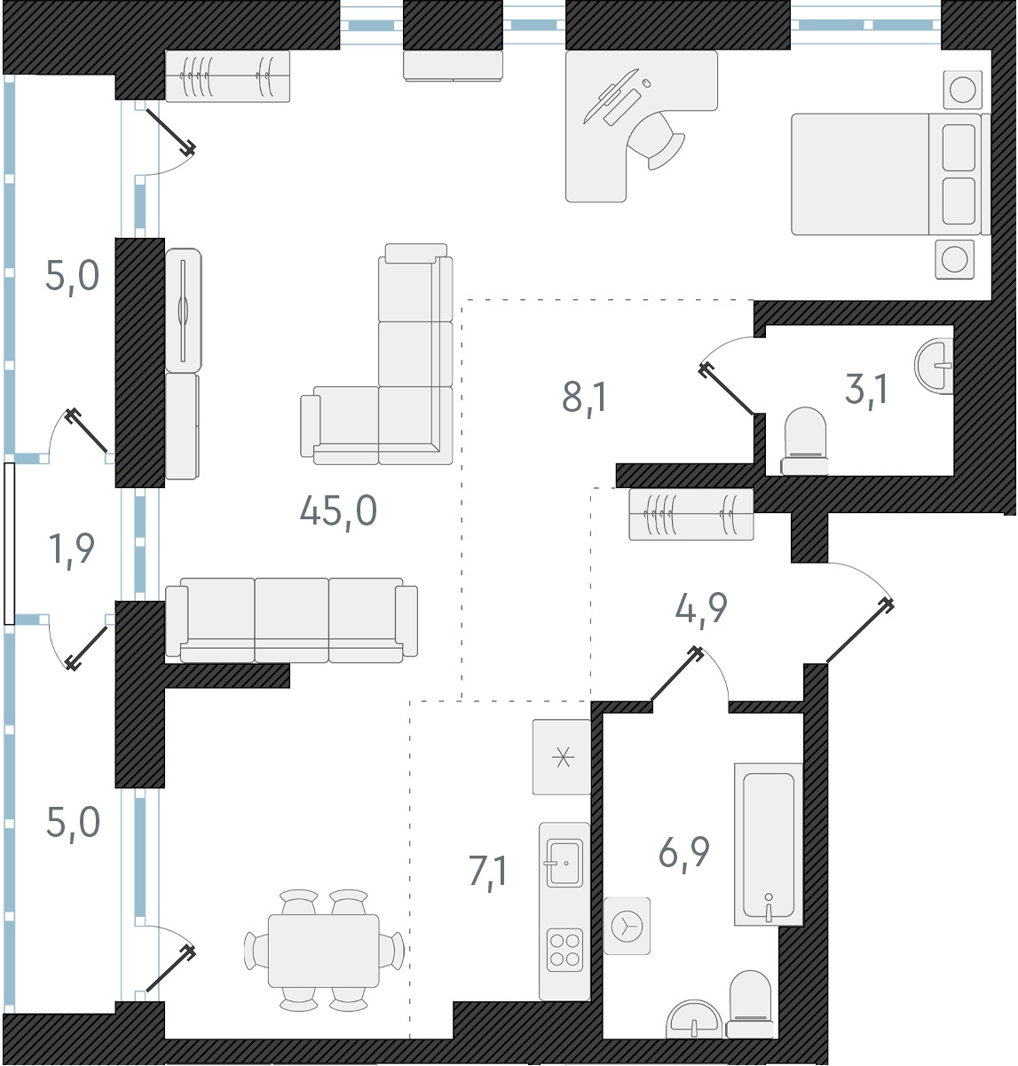 3-комнатная квартира в ЖК Беринг на 7 этаже в 6 секции. Сдача в 4 кв. 2025 г.