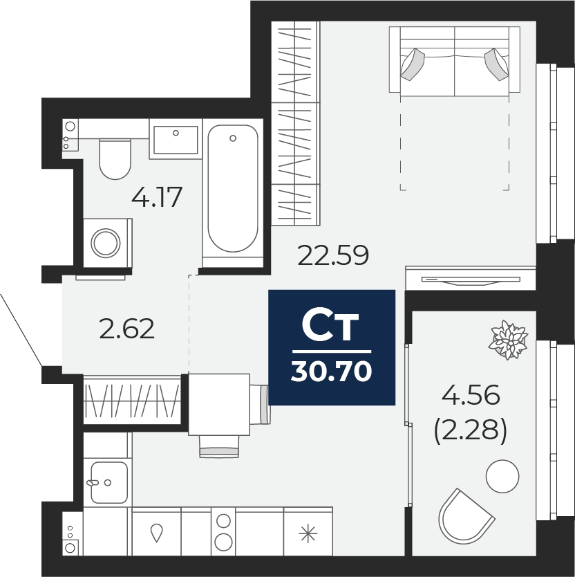 1-комнатная квартира (Студия) в ЖК Горный квартал на 9 этаже в 1 секции. Сдача в 3 кв. 2026 г.