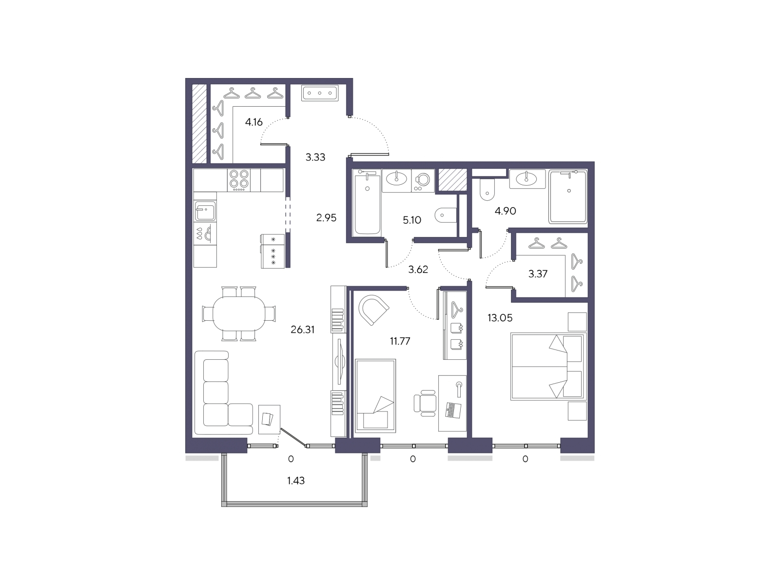 3-комнатная квартира в ЖК Беринг на 7 этаже в 1 секции. Сдача в 4 кв. 2025 г.