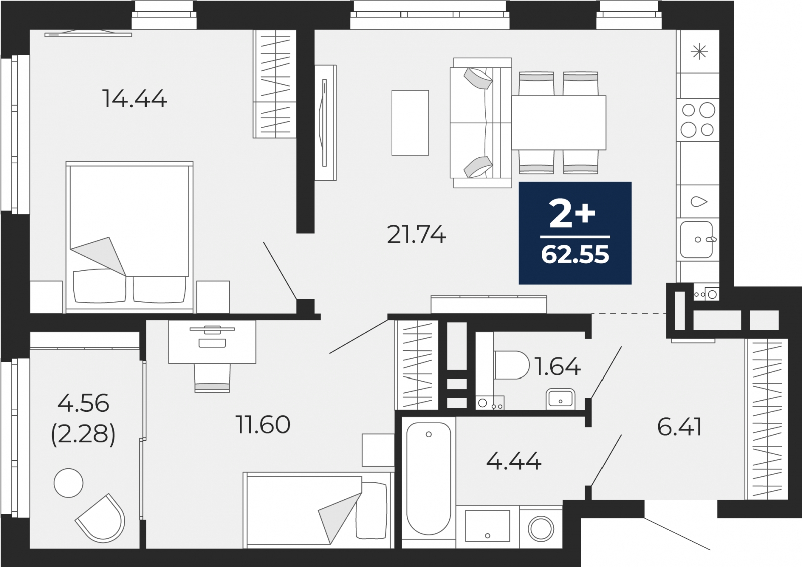 2-комнатная квартира с отделкой в ЖК Большой, 67 на 8 этаже в 2 секции. Сдача в 2 кв. 2025 г.