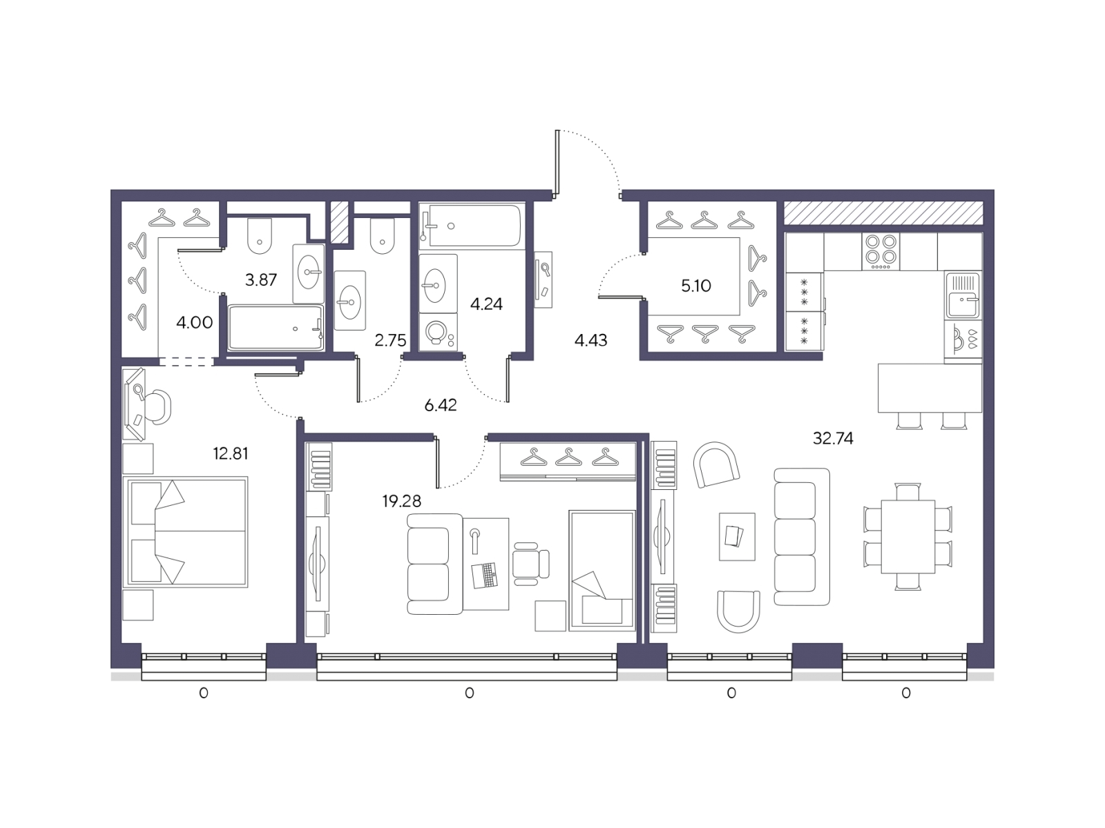 3-комнатная квартира в ЖК Беринг на 13 этаже в 4 секции. Сдача в 4 кв. 2025 г.