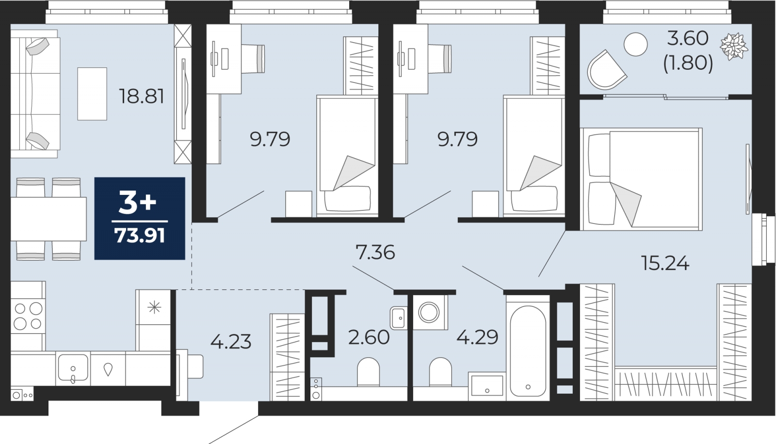 3-комнатная квартира с отделкой в ЖК Большой, 67 на 5 этаже в 4 секции. Сдача в 2 кв. 2025 г.