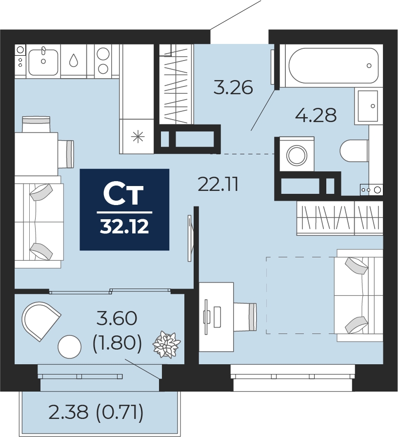 1-комнатная квартира (Студия) в ЖК Беринг на 3 этаже в 4 секции. Сдача в 4 кв. 2025 г.