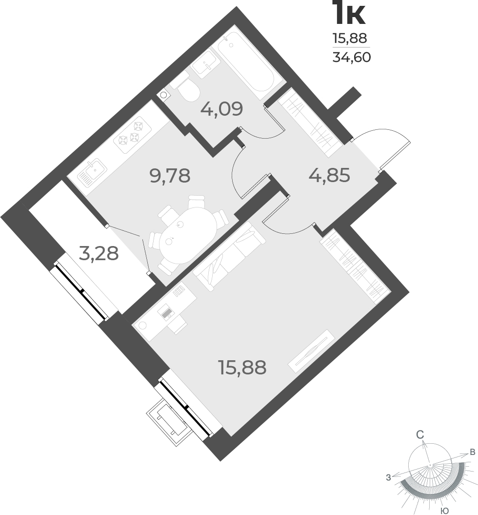3-комнатная квартира в ЖК Беринг на 14 этаже в 1 секции. Сдача в 4 кв. 2025 г.