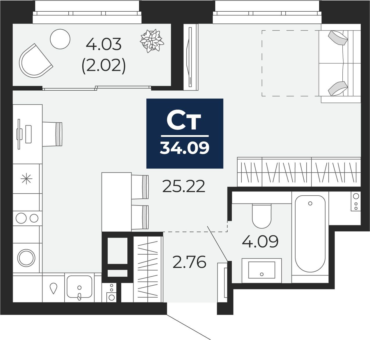 1-комнатная квартира (Студия) в ЖК Беринг на 10 этаже в 4 секции. Сдача в 4 кв. 2025 г.