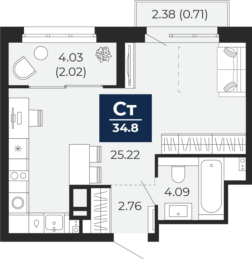 1-комнатная квартира (Студия) в ЖК Беринг на 5 этаже в 4 секции. Сдача в 4 кв. 2025 г.