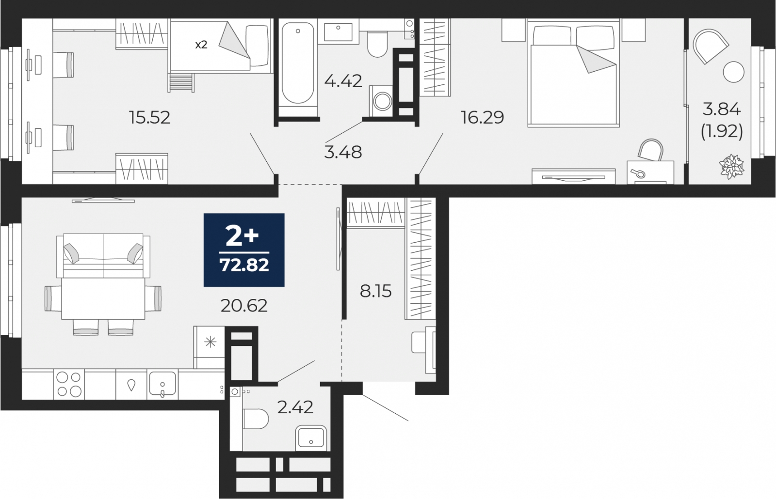 3-комнатная квартира в ЖК Беринг на 8 этаже в 1 секции. Сдача в 4 кв. 2025 г.