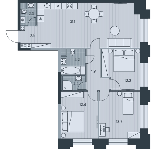 3-комнатная квартира в ЖК Беринг на 8 этаже в 6 секции. Сдача в 4 кв. 2025 г.