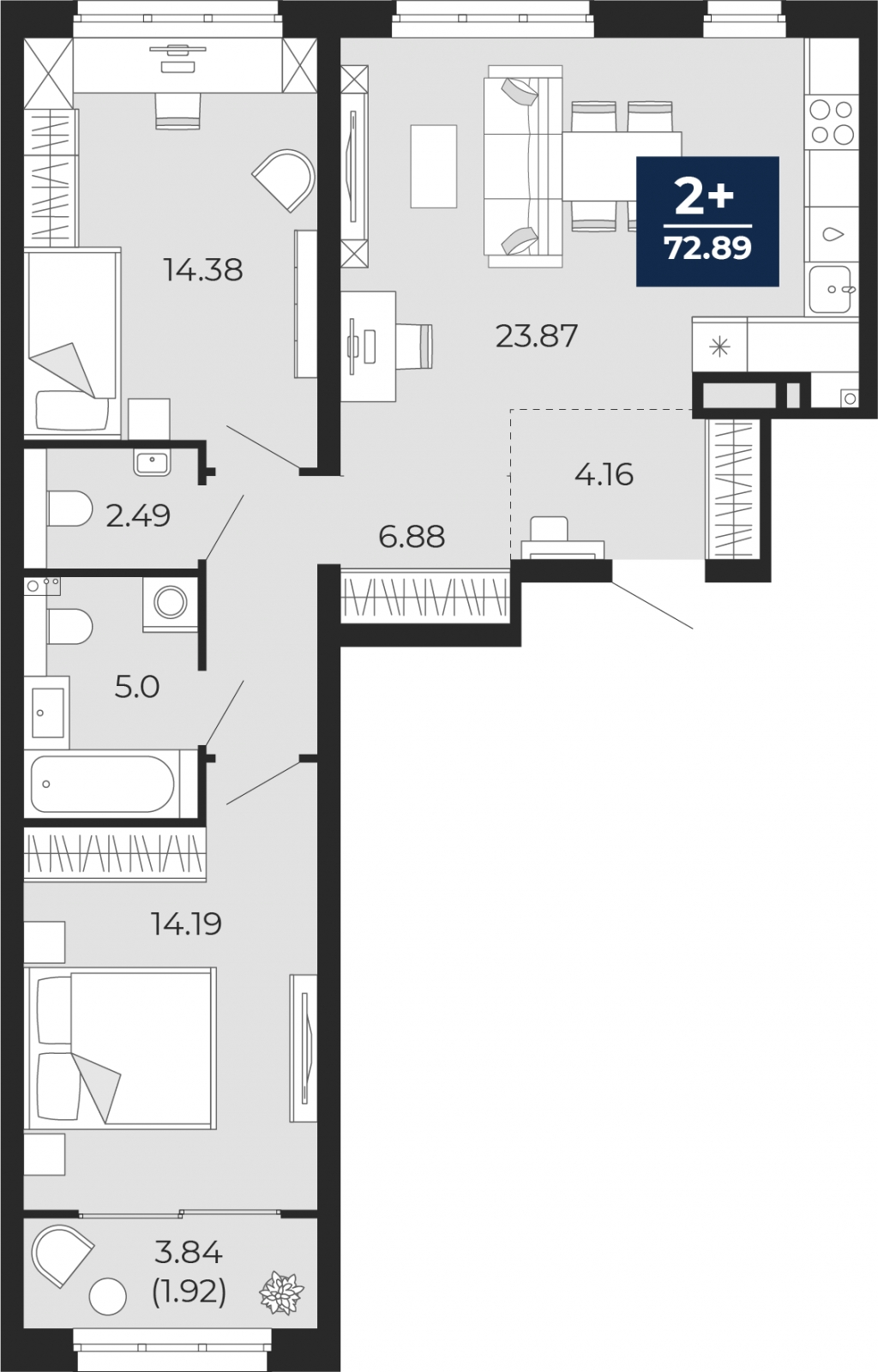 2-комнатная квартира с отделкой в ЖК Горный квартал на 13 этаже в 1 секции. Сдача в 3 кв. 2026 г.