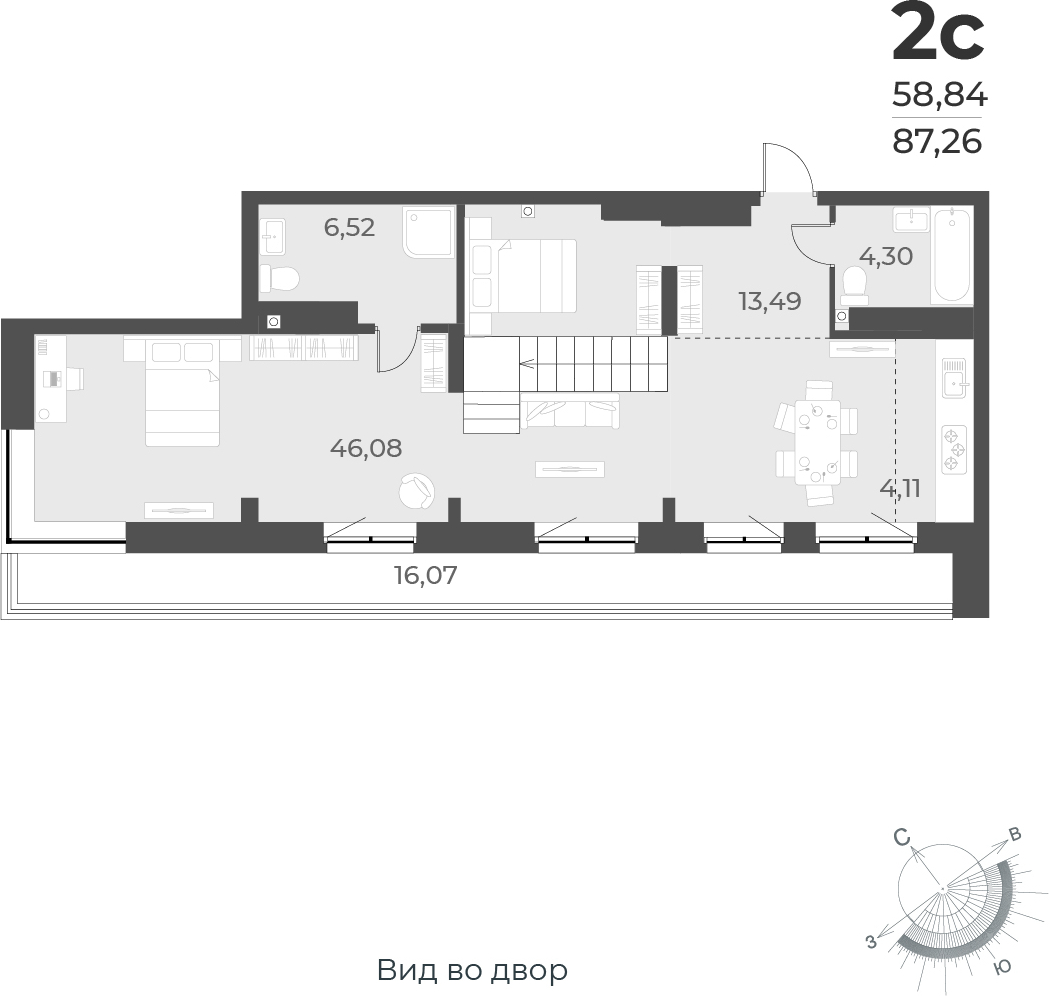 3-комнатная квартира в ЖК Беринг на 4 этаже в 2 секции. Сдача в 4 кв. 2025 г.