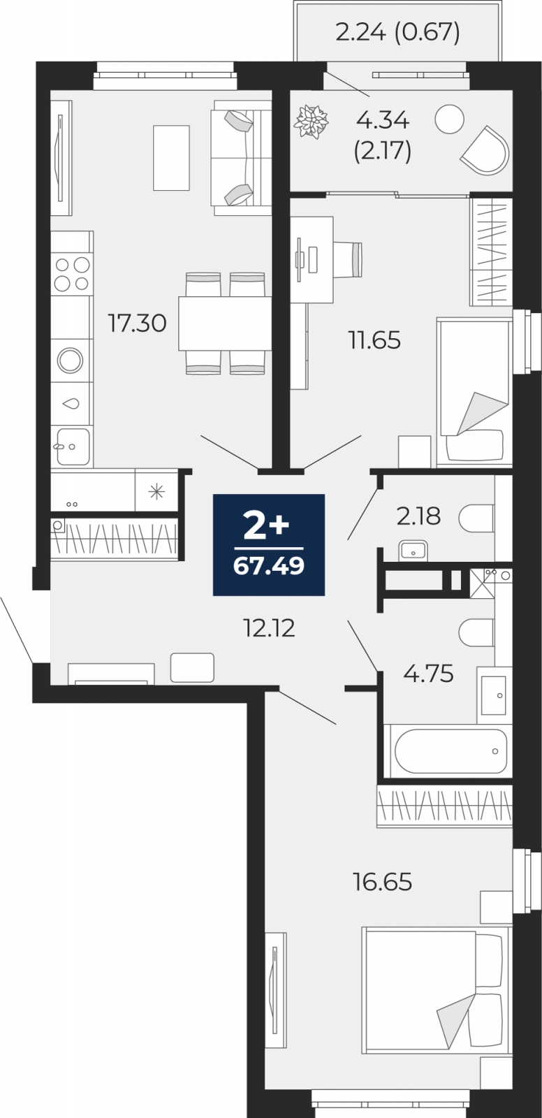 2-комнатная квартира с отделкой в ЖК Горный квартал на 14 этаже в 1 секции. Сдача в 3 кв. 2026 г.