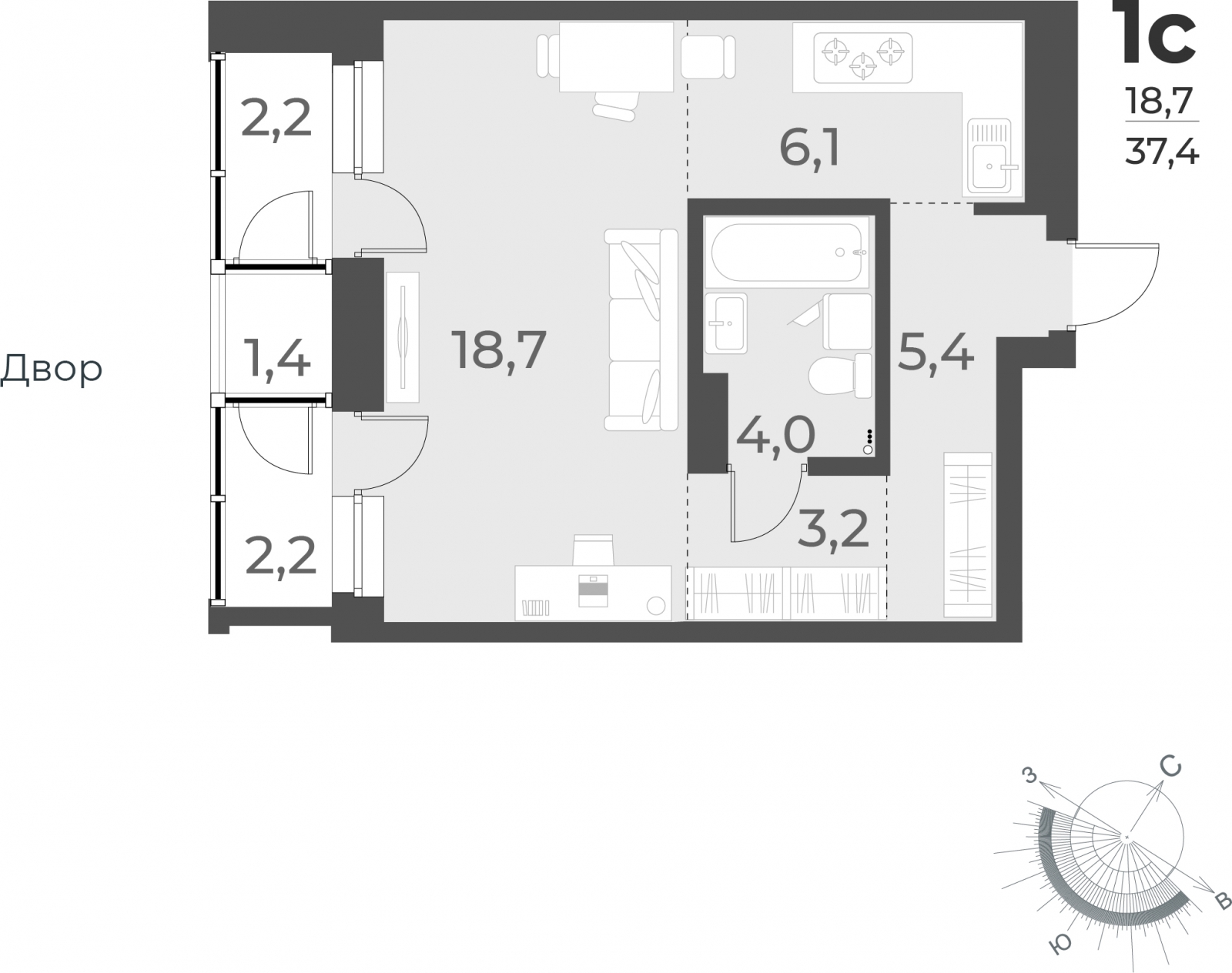2-комнатная квартира в ЖК EVER на 23 этаже в 1 секции. Сдача в 3 кв. 2025 г.