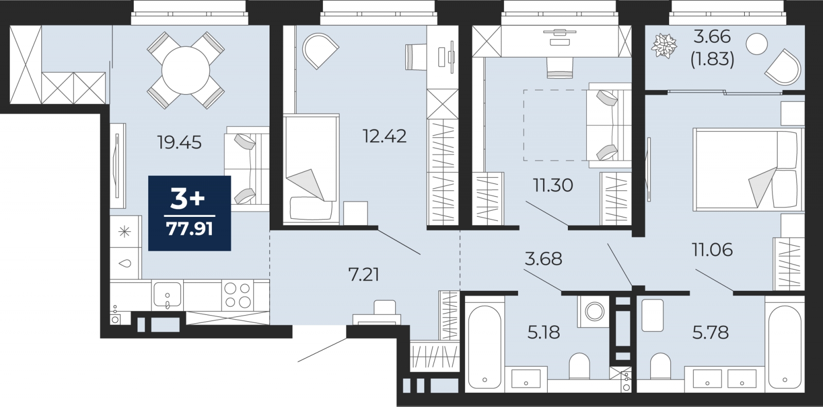 3-комнатная квартира с отделкой в ЖК Горный квартал на 5 этаже в 1 секции. Сдача в 3 кв. 2026 г.
