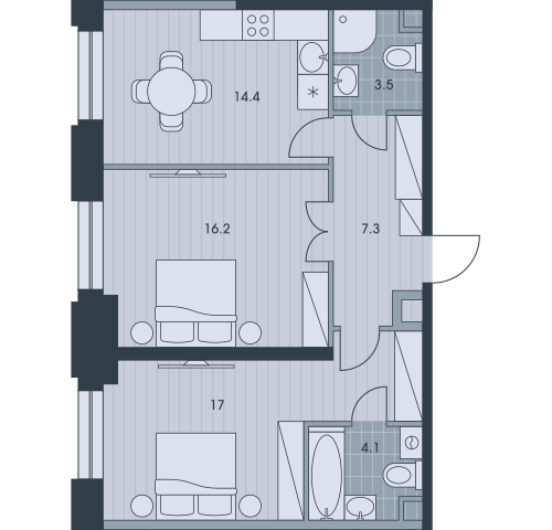 3-комнатная квартира в ЖК EVER на 34 этаже в 1 секции. Сдача в 3 кв. 2025 г.
