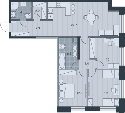 4-комнатная квартира в ЖК EVER на 12 этаже в 1 секции. Сдача в 3 кв. 2025 г.